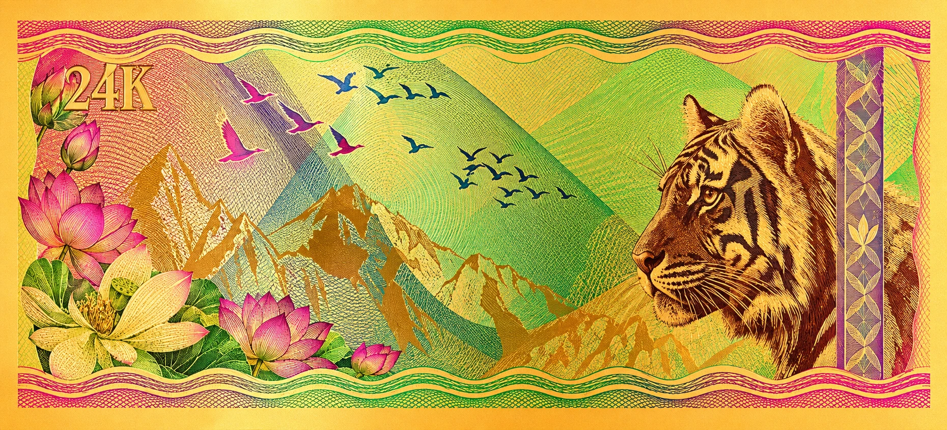 Concept rendering of the reverse, inspired by Swarnalok's published tiger, lotus and mountain artwork