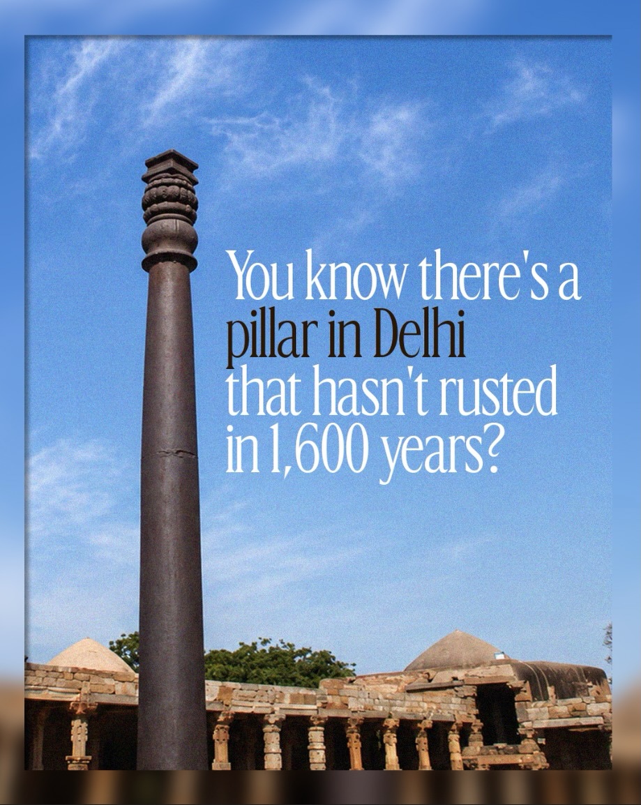 Swarnalok’s Stories of India post, showing the Iron Pillar in Delhi against a blue sky