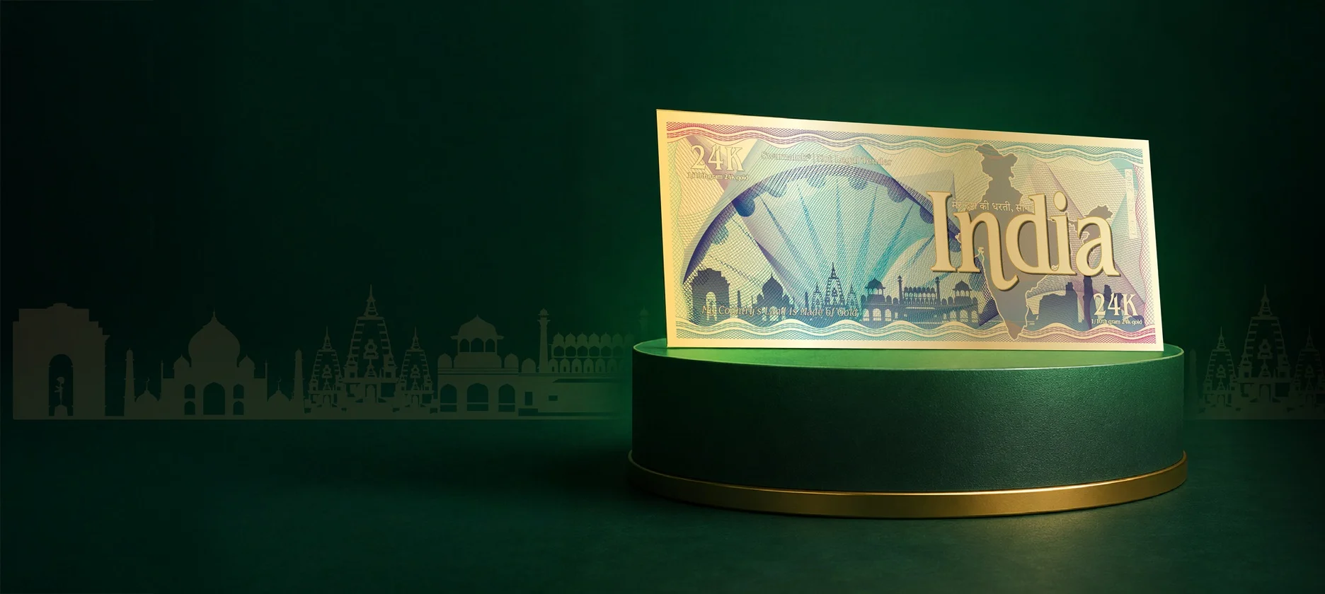 Swarnalok souvenir note on a green display plinth
